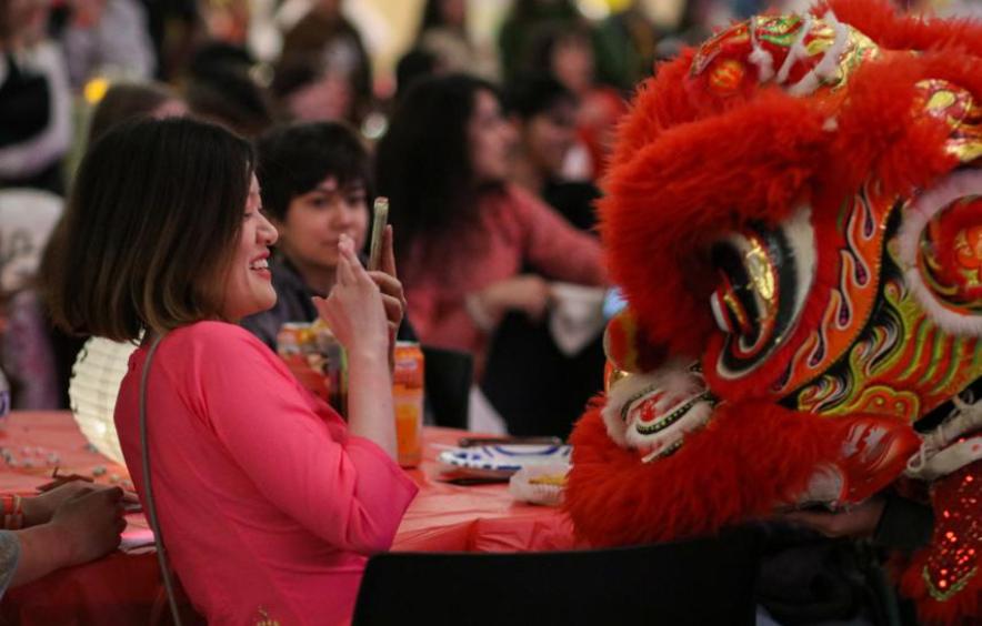 Asian woman in bright pink shirt takes a picture of a bright red lion during the Lunar New Year Lion Dance.