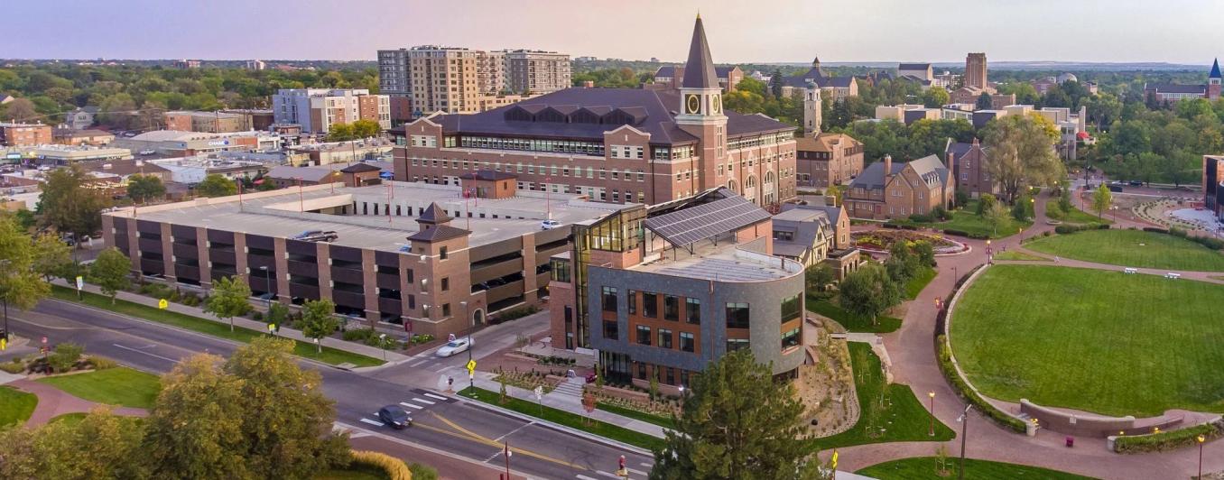 Aerial photo of DU's campus