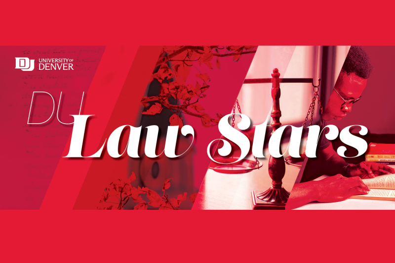 A red graphic announcing DU's Law Stars for 2026.
