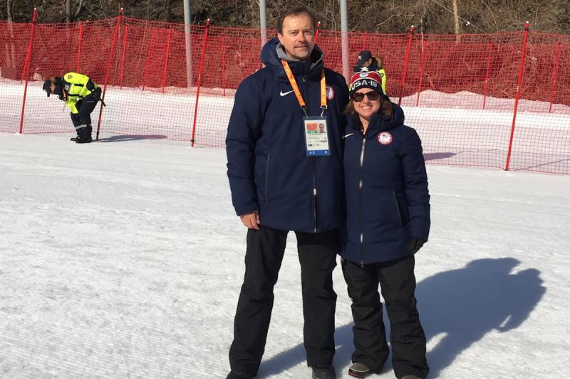 Professors Jamie Shapiro and Artur Poczwardowski pose for a photo at the 2018 Winter Paralympic Games.