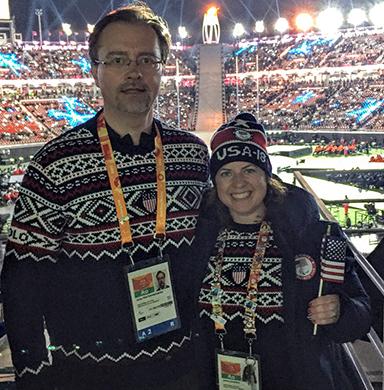 Professors Jamie Shapiro and Artur Poczwardowski pose for a photo at the 2018 Paralympic Winter Games in South Korea. 
